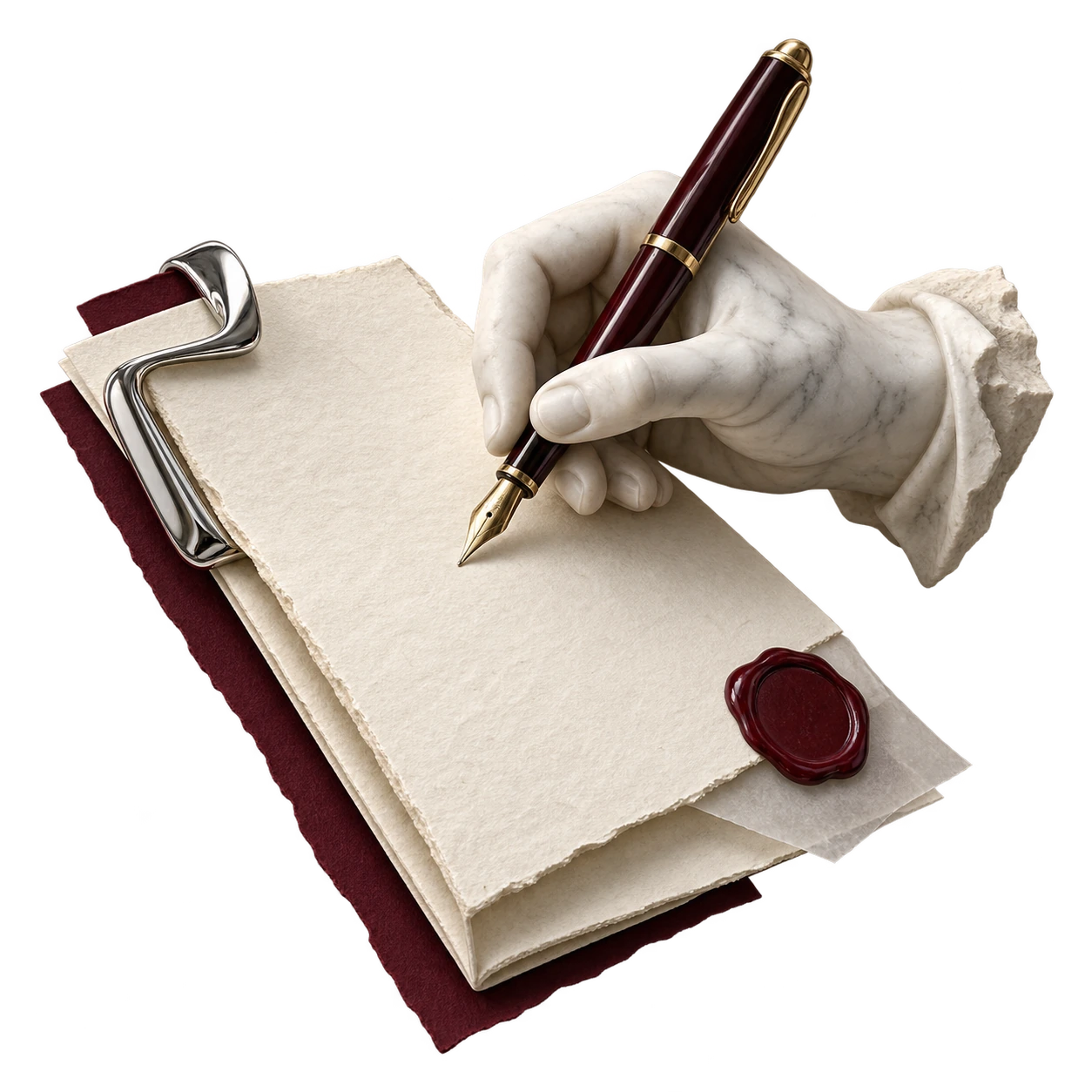 Marble hand signing, with a wax seal beside it
