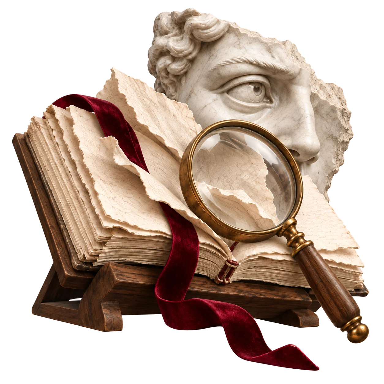 Open book with a marble eye and a brass magnifying glass