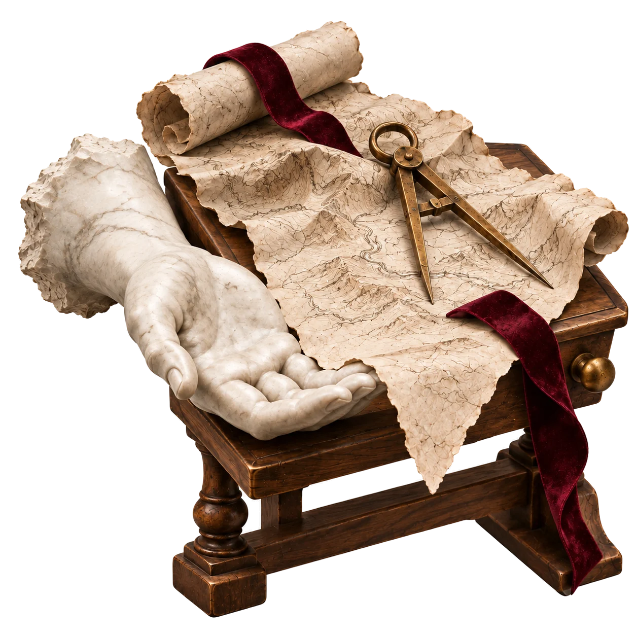 Marble hand over paper maps with a compass