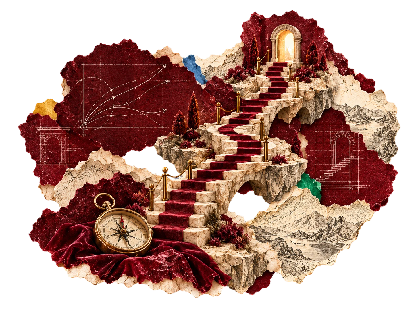 Paper landscape with a staircase and a compass
