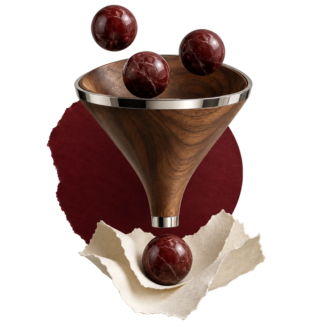 Walnut funnel with burgundy spheres